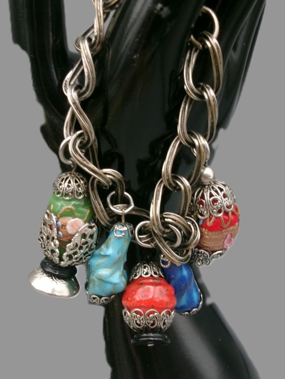 Vtg Chinese Lantern Style Charm Bracelet, Lampwork Art Glass Filigree Cage Cap